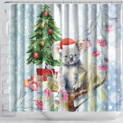 Australia Christmas Shower Curtain Koala Santa With Eucalyptus - Watercolor