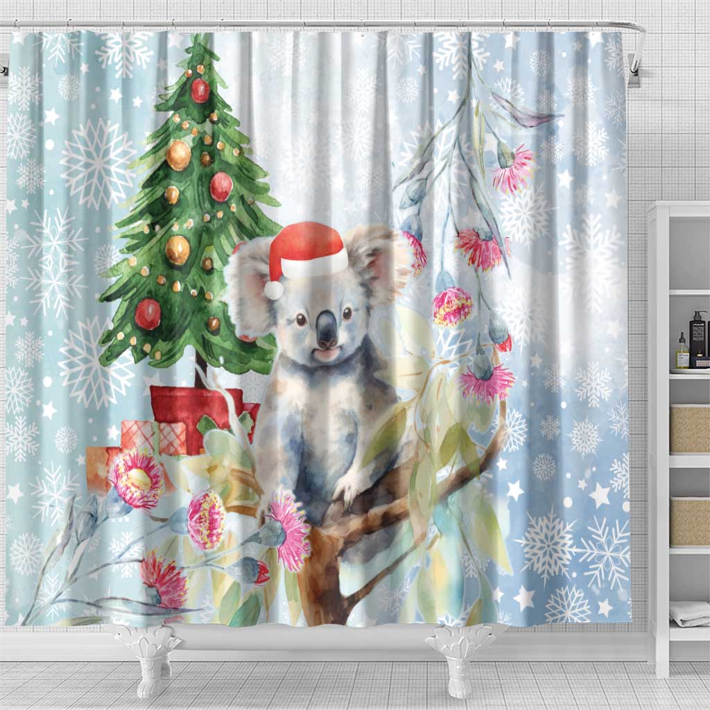 Australia Christmas Shower Curtain Koala Santa With Eucalyptus - Watercolor