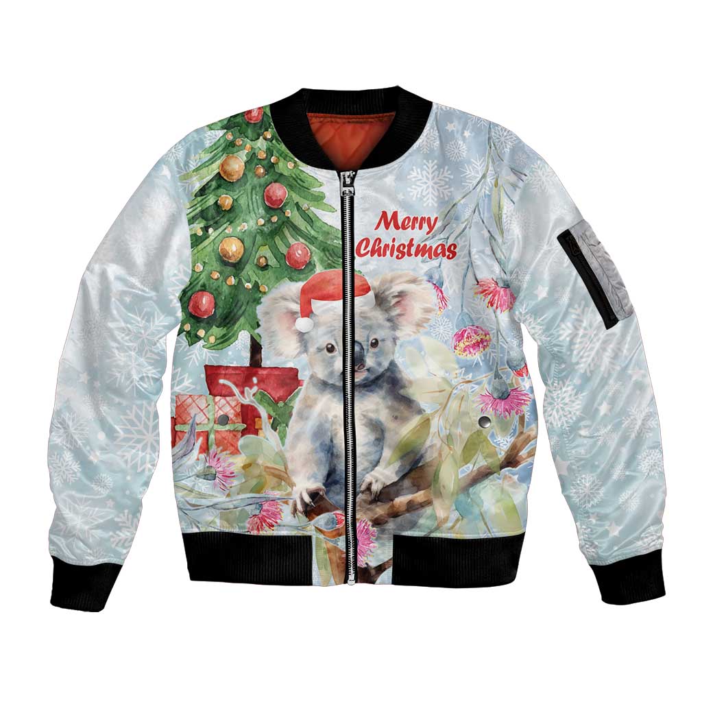 Australia Christmas Sleeve Zip Bomber Jacket Koala Santa With Eucalyptus - Watercolor