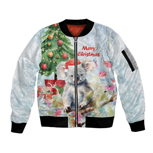 Australia Christmas Sleeve Zip Bomber Jacket Koala Santa With Eucalyptus - Watercolor