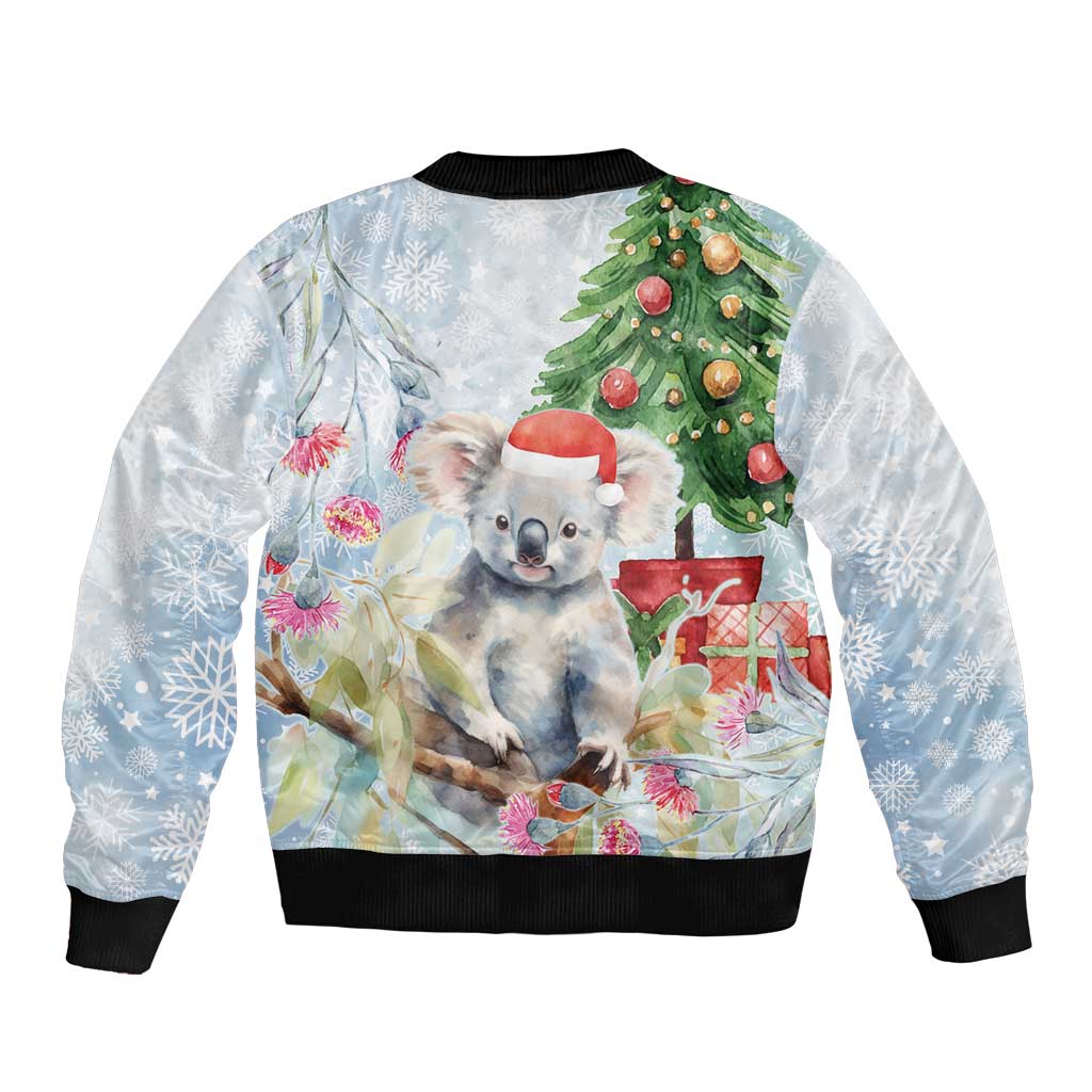 Australia Christmas Sleeve Zip Bomber Jacket Koala Santa With Eucalyptus - Watercolor