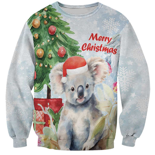 Australia Christmas Sweatshirt Koala Santa With Eucalyptus - Watercolor