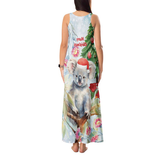 Australia Christmas Tank Maxi Dress Koala Santa With Eucalyptus - Watercolor