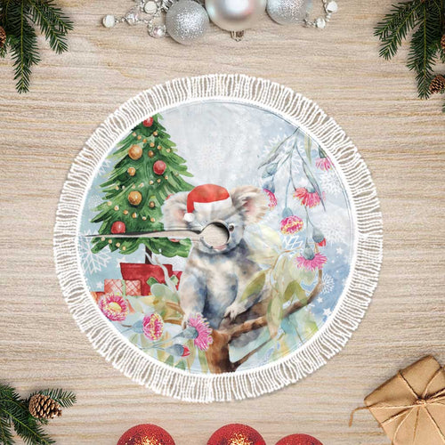 Australia Christmas Tree Skirt Koala Santa With Eucalyptus - Watercolor