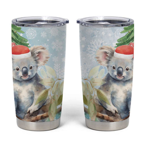 Australia Christmas Tumbler Cup Koala Santa With Eucalyptus - Watercolor