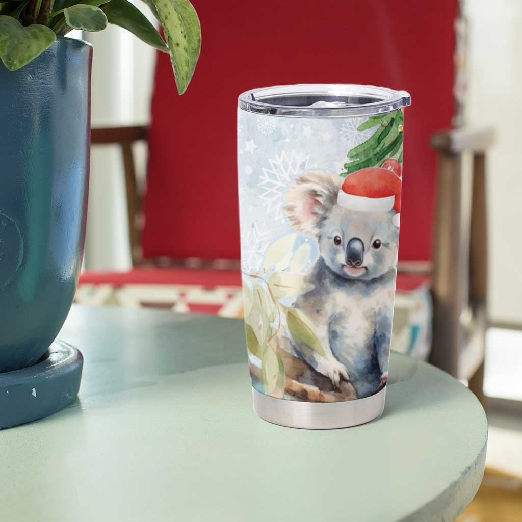 Australia Christmas Tumbler Cup Koala Santa With Eucalyptus - Watercolor