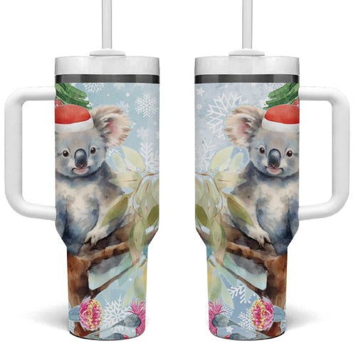 Australia Christmas Tumbler With Handle Koala Santa With Eucalyptus - Watercolor