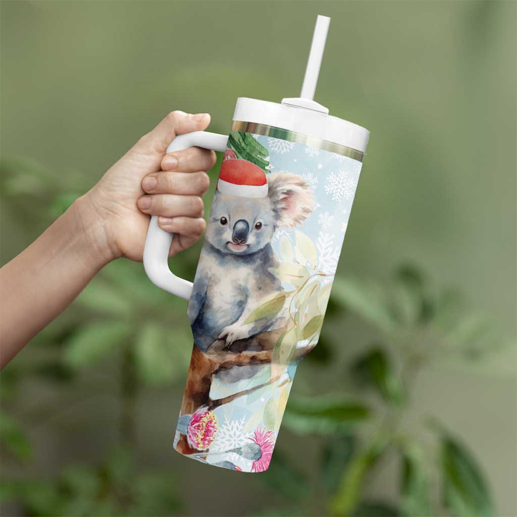 Australia Christmas Tumbler With Handle Koala Santa With Eucalyptus - Watercolor