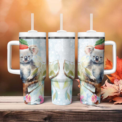 Australia Christmas Tumbler With Handle Koala Santa With Eucalyptus - Watercolor