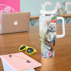 Australia Christmas Tumbler With Handle Koala Santa With Eucalyptus - Watercolor