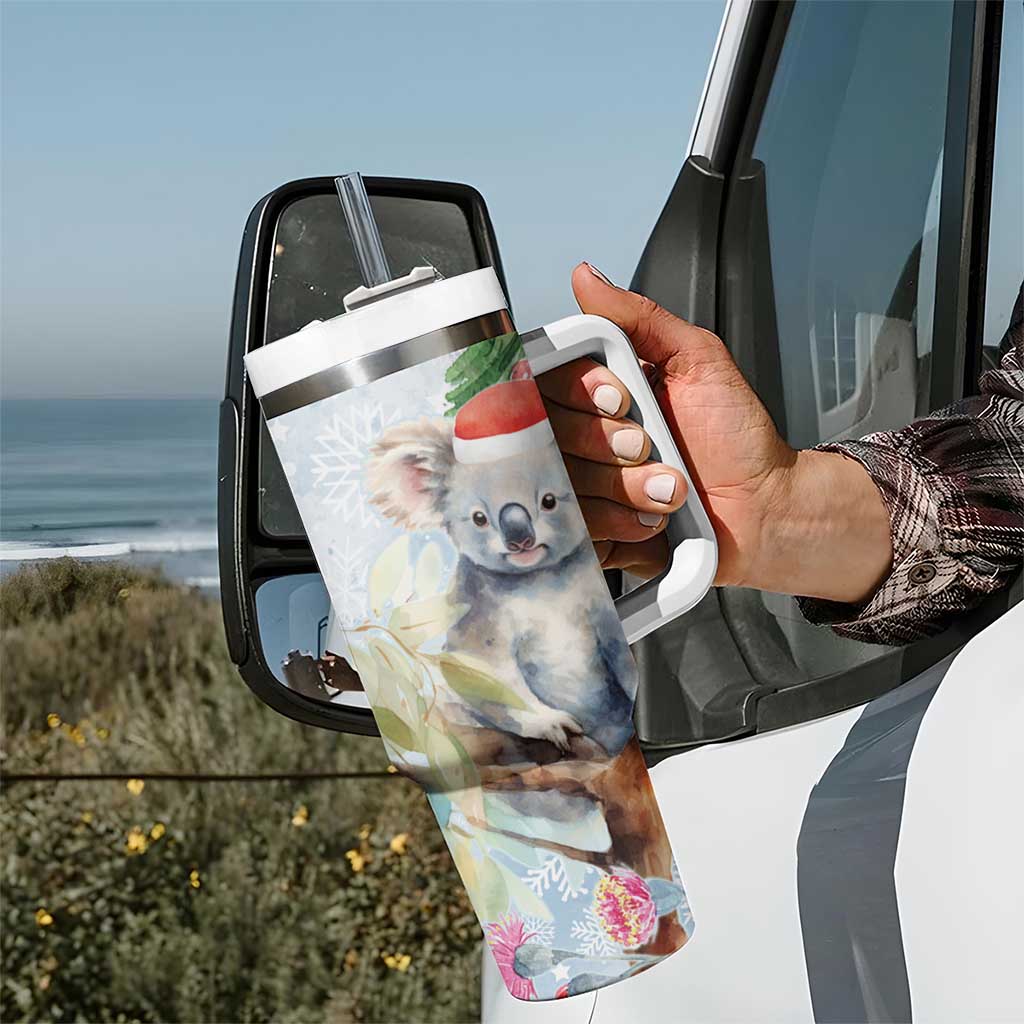 Australia Christmas Tumbler With Handle Koala Santa With Eucalyptus - Watercolor