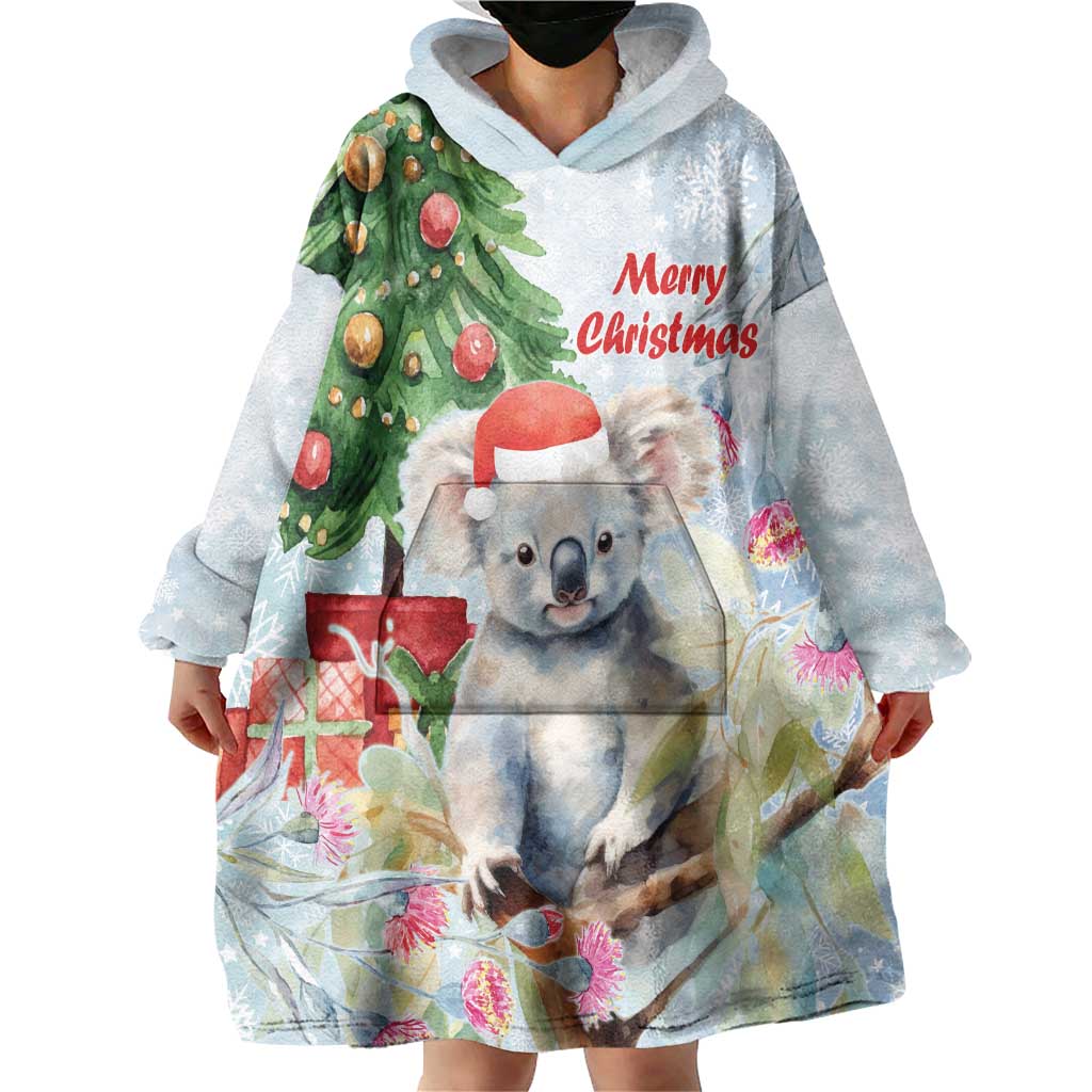 Australia Christmas Wearable Blanket Hoodie Koala Santa With Eucalyptus - Watercolor