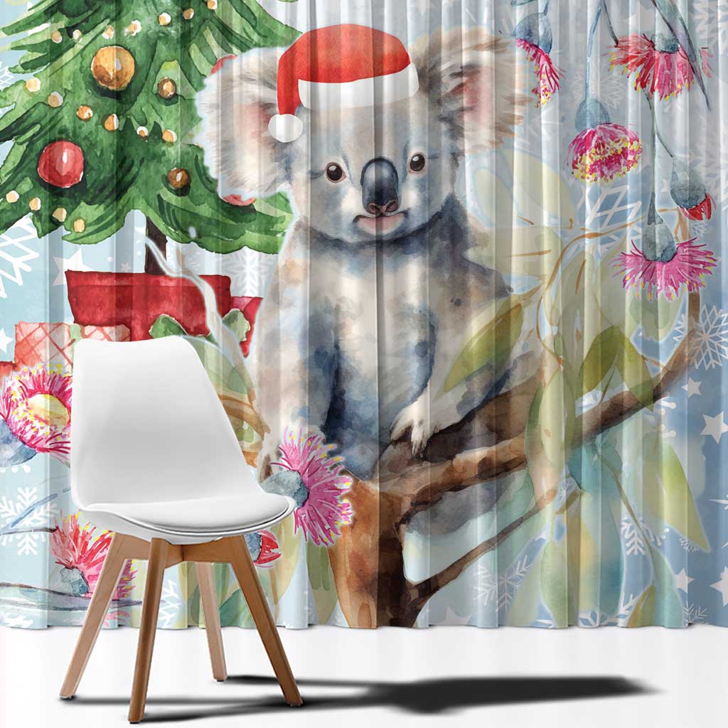 Australia Christmas Window Curtain Koala Santa With Eucalyptus - Watercolor