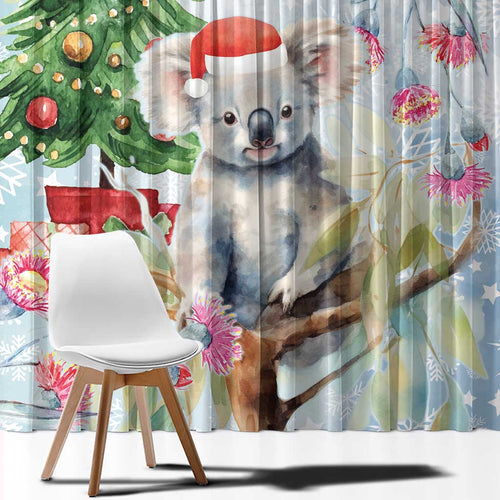 Australia Christmas Window Curtain Koala Santa With Eucalyptus - Watercolor