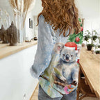 Australia Christmas Women Casual Shirt Koala Santa With Eucalyptus - Watercolor