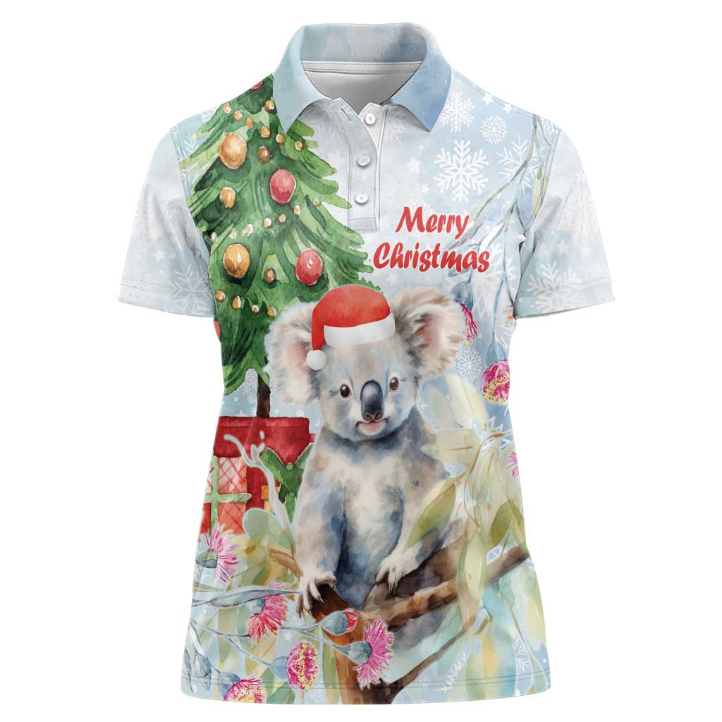 Australia Christmas Women Polo Shirt Koala Santa With Eucalyptus - Watercolor