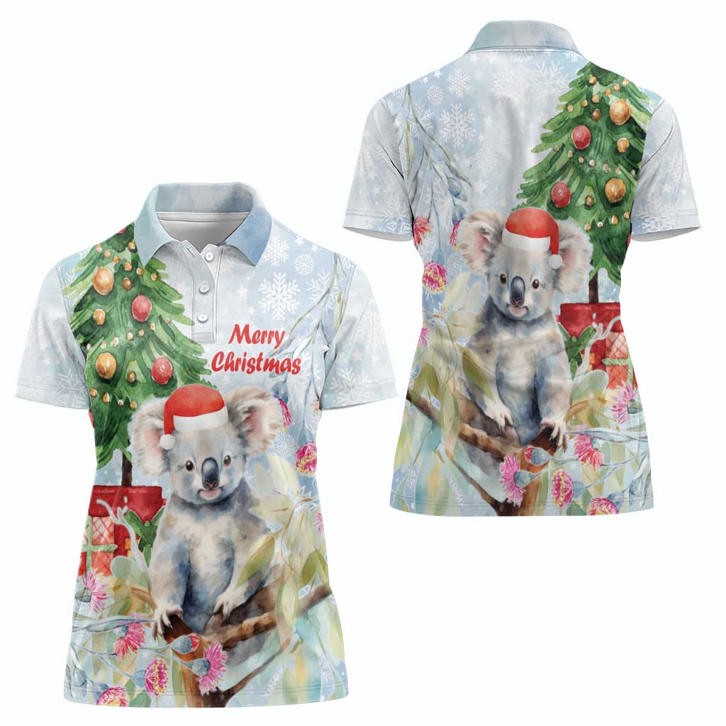 Australia Christmas Women Polo Shirt Koala Santa With Eucalyptus - Watercolor