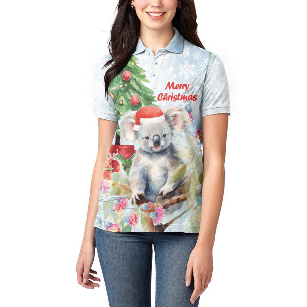 Australia Christmas Women Polo Shirt Koala Santa With Eucalyptus - Watercolor