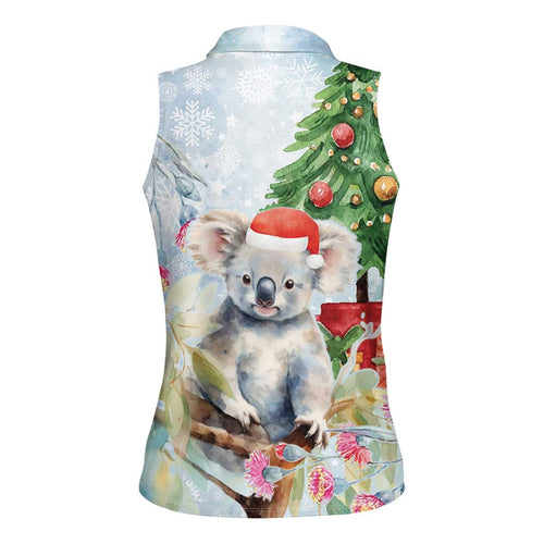 Australia Christmas Women Sleeveless Polo Shirt Koala Santa With Eucalyptus - Watercolor