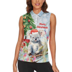 Australia Christmas Women Sleeveless Polo Shirt Koala Santa With Eucalyptus - Watercolor