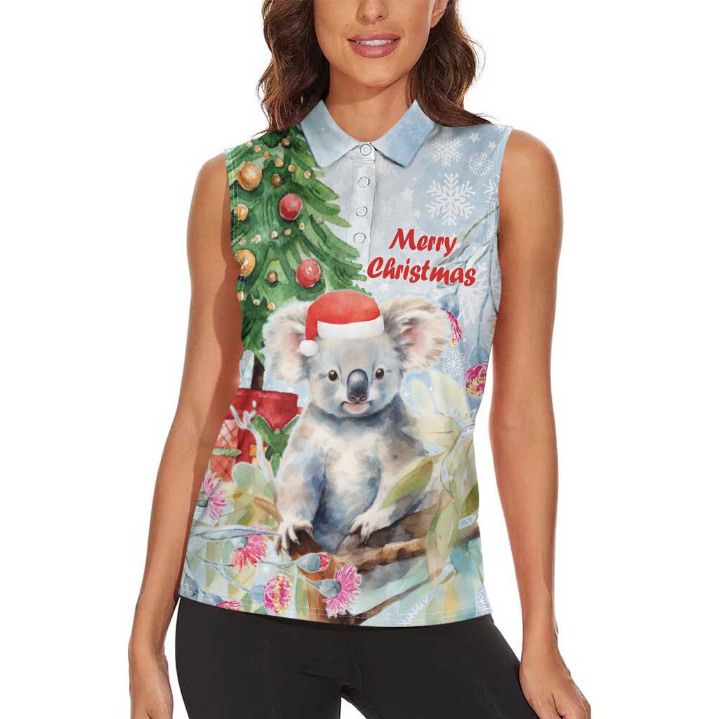 Australia Christmas Women Sleeveless Polo Shirt Koala Santa With Eucalyptus - Watercolor