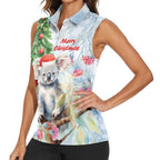 Australia Christmas Women Sleeveless Polo Shirt Koala Santa With Eucalyptus - Watercolor