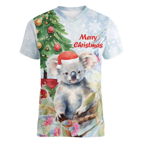 Australia Christmas Women V-Neck T-Shirt Koala Santa With Eucalyptus - Watercolor