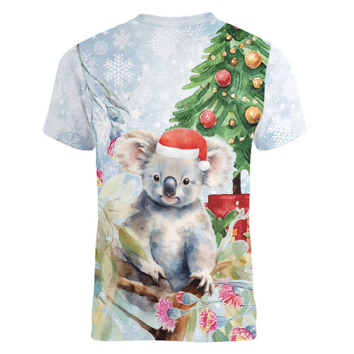 Australia Christmas Women V-Neck T-Shirt Koala Santa With Eucalyptus - Watercolor