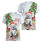 Australia Christmas Women V-Neck T-Shirt Koala Santa With Eucalyptus - Watercolor