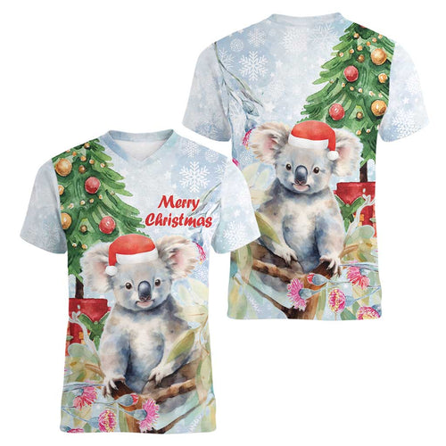 Australia Christmas Women V-Neck T-Shirt Koala Santa With Eucalyptus - Watercolor