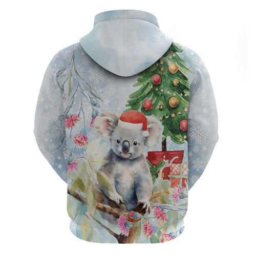 Australia Christmas Zip Hoodie Koala Santa With Eucalyptus - Watercolor