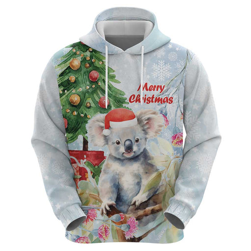 Australia Christmas Zip Hoodie Koala Santa With Eucalyptus - Watercolor