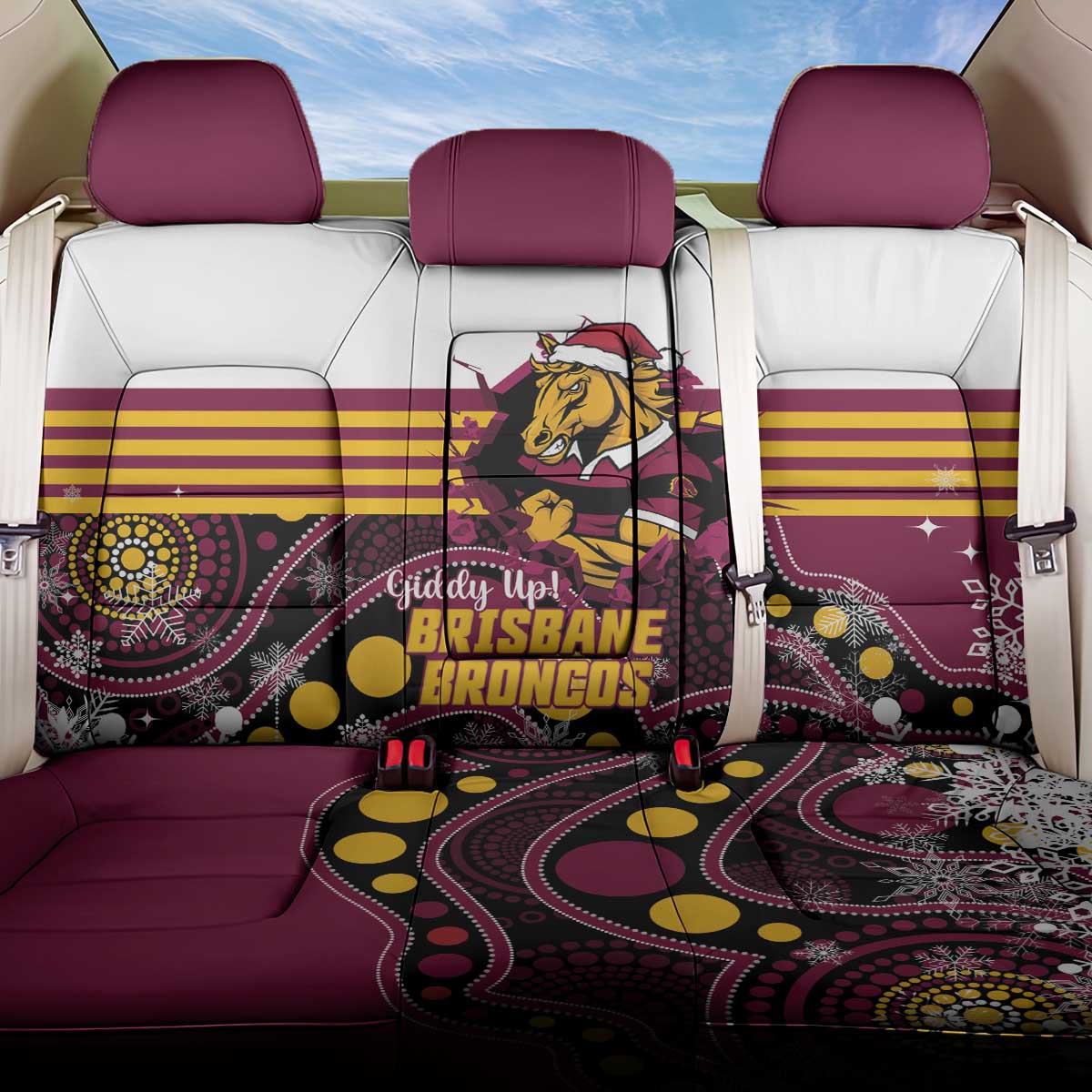 Broncos Rugby Christmas Back Car Seat Cover Brisbane Giddy Up Aboriginal Art - Aussie Hoodie