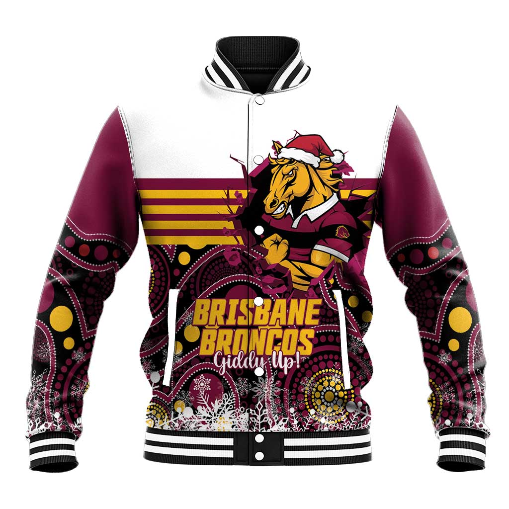 Custom Broncos Rugby Christmas Baseball Jacket Brisbane Giddy Up Aboriginal Art - Aussie Hoodie
