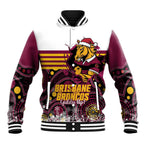 Custom Broncos Rugby Christmas Baseball Jacket Brisbane Giddy Up Aboriginal Art - Aussie Hoodie