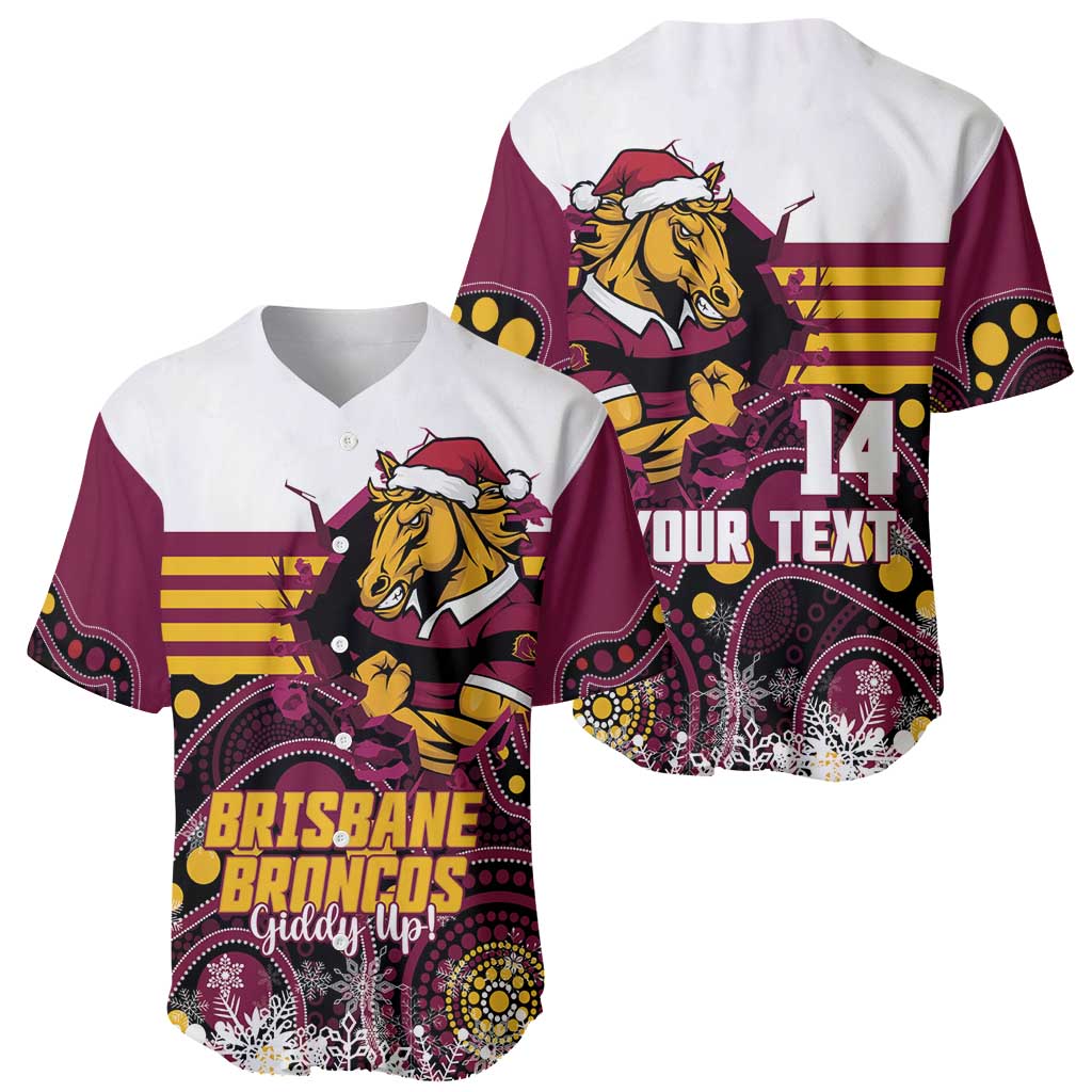 Custom Broncos Rugby Christmas Baseball Jersey Brisbane Giddy Up Aboriginal Art - Aussie Hoodie