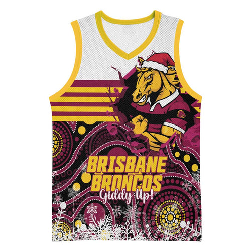 Custom Broncos Rugby Christmas Basketball Jersey Brisbane Giddy Up Aboriginal Art - Aussie Hoodie
