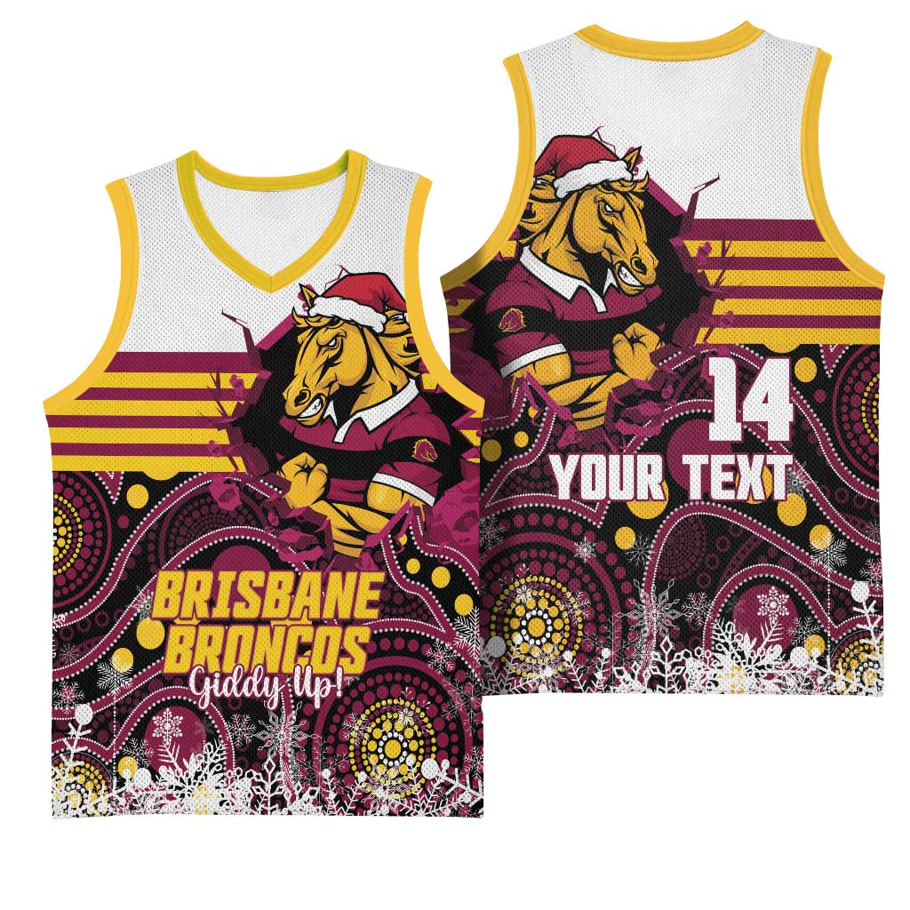Custom Broncos Rugby Christmas Basketball Jersey Brisbane Giddy Up Aboriginal Art - Aussie Hoodie