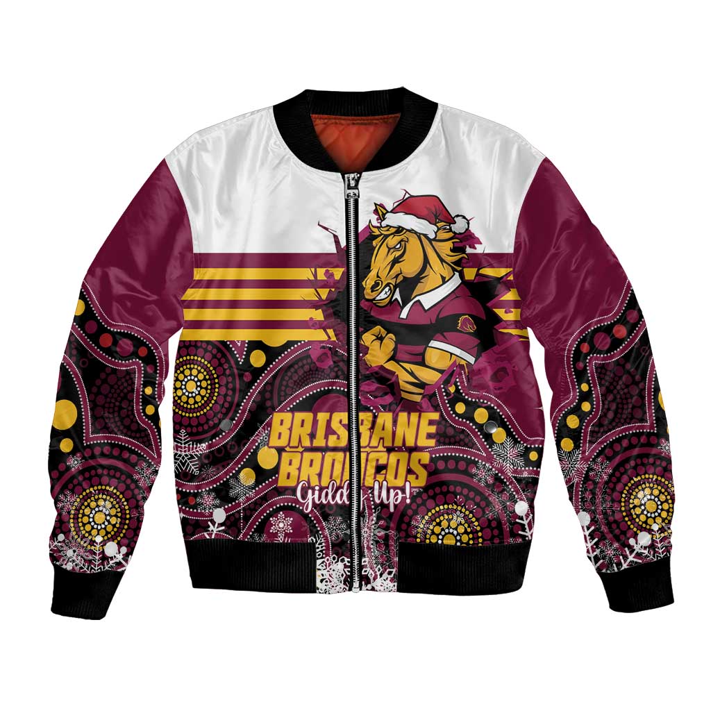 Custom Broncos Rugby Christmas Bomber Jacket Brisbane Giddy Up Aboriginal Art - Aussie Hoodie