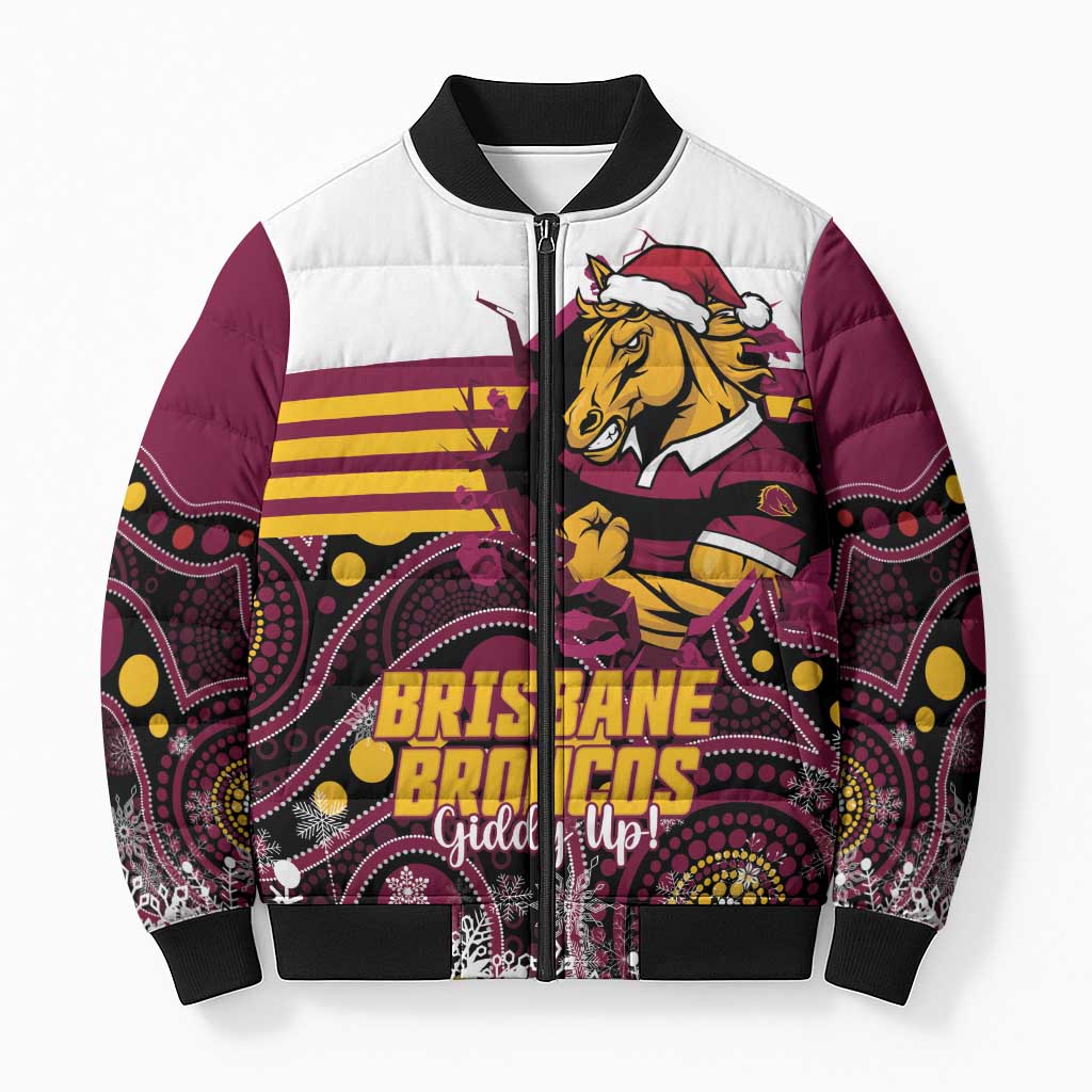 Custom Broncos Rugby Christmas Bomber Puffer Jacket Brisbane Giddy Up Aboriginal Art - Aussie Hoodie