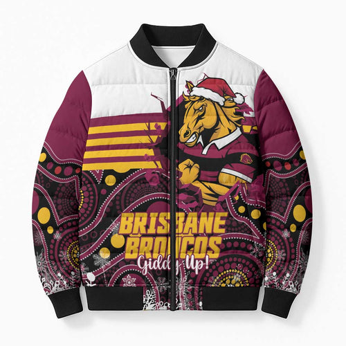 Custom Broncos Rugby Christmas Bomber Puffer Jacket Brisbane Giddy Up Aboriginal Art - Aussie Hoodie