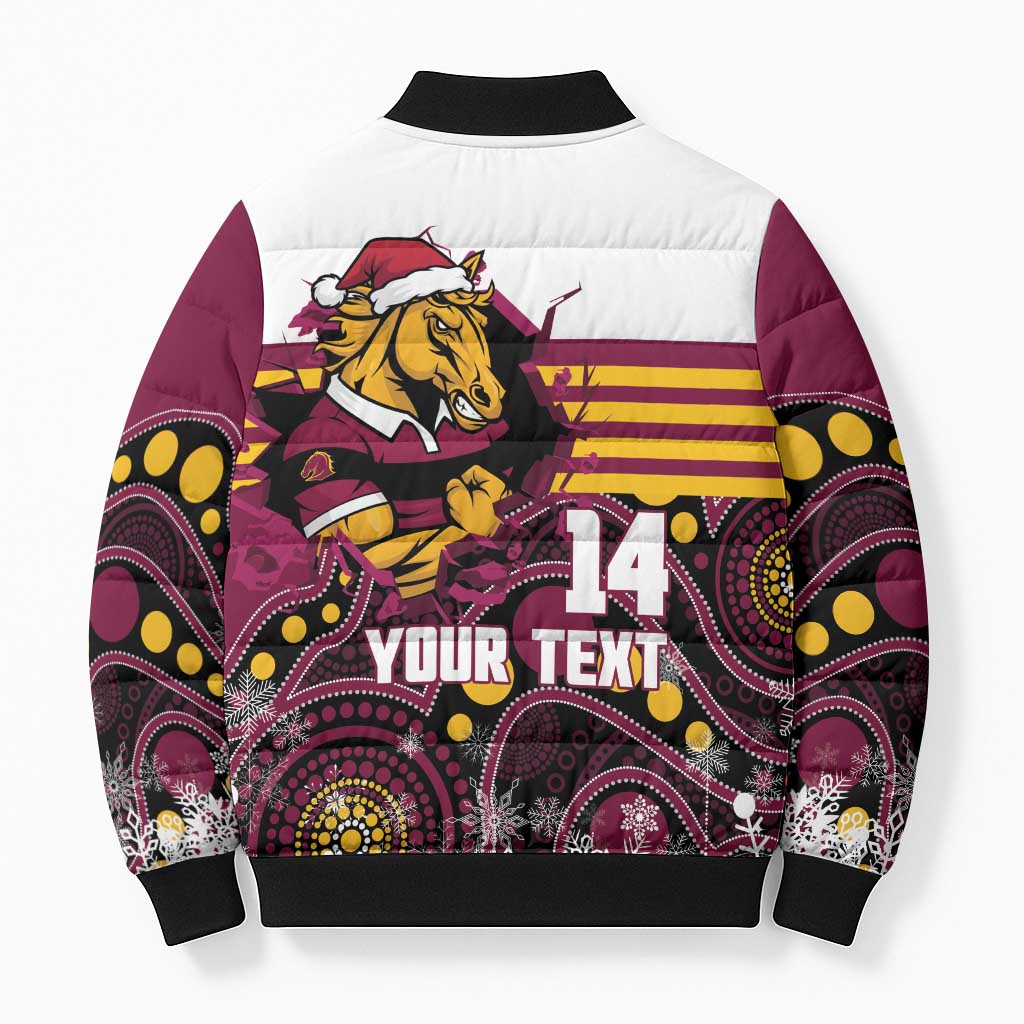 Custom Broncos Rugby Christmas Bomber Puffer Jacket Brisbane Giddy Up Aboriginal Art - Aussie Hoodie