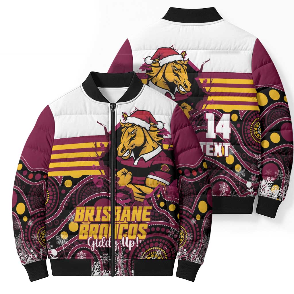 Custom Broncos Rugby Christmas Bomber Puffer Jacket Brisbane Giddy Up Aboriginal Art - Aussie Hoodie