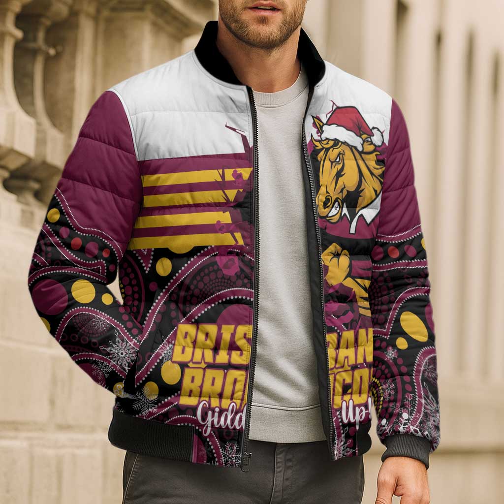 Custom Broncos Rugby Christmas Bomber Puffer Jacket Brisbane Giddy Up Aboriginal Art - Aussie Hoodie