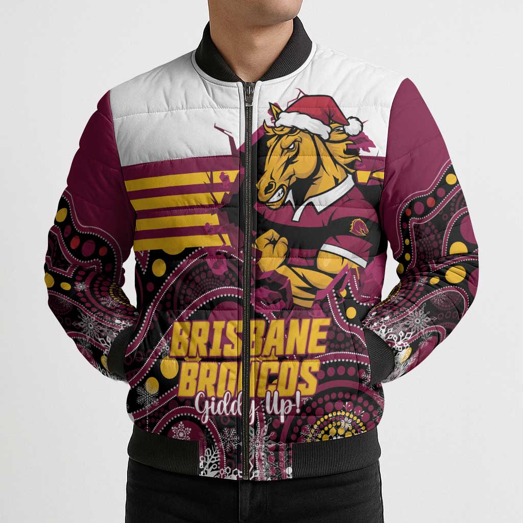Custom Broncos Rugby Christmas Bomber Puffer Jacket Brisbane Giddy Up Aboriginal Art - Aussie Hoodie