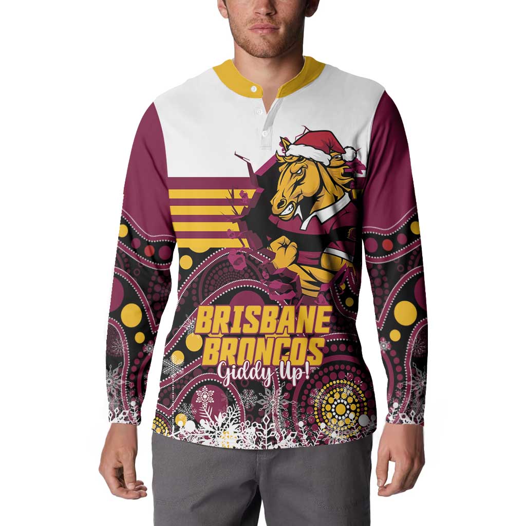 Custom Broncos Rugby Christmas Button Sweatshirt Brisbane Giddy Up Aboriginal Art - Aussie Hoodie