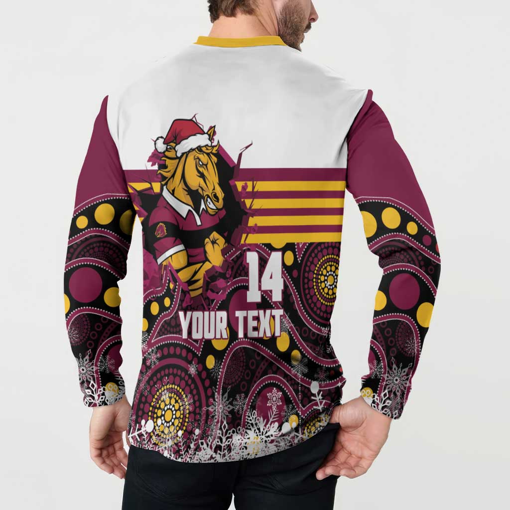 Custom Broncos Rugby Christmas Button Sweatshirt Brisbane Giddy Up Aboriginal Art - Aussie Hoodie