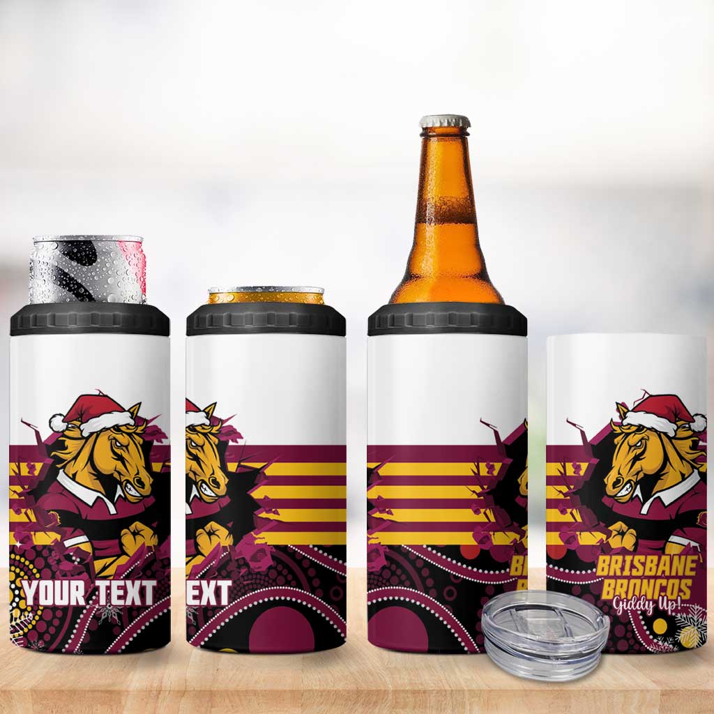 Custom Broncos Rugby Christmas 4 in 1 Can Cooler Tumbler Brisbane Giddy Up Aboriginal Art - Aussie Hoodie