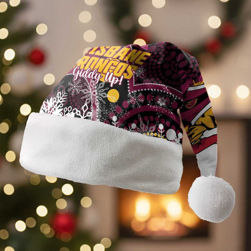 Custom Broncos Rugby Christmas Santa Hat Brisbane Giddy Up Aboriginal Art - Aussie Hoodie