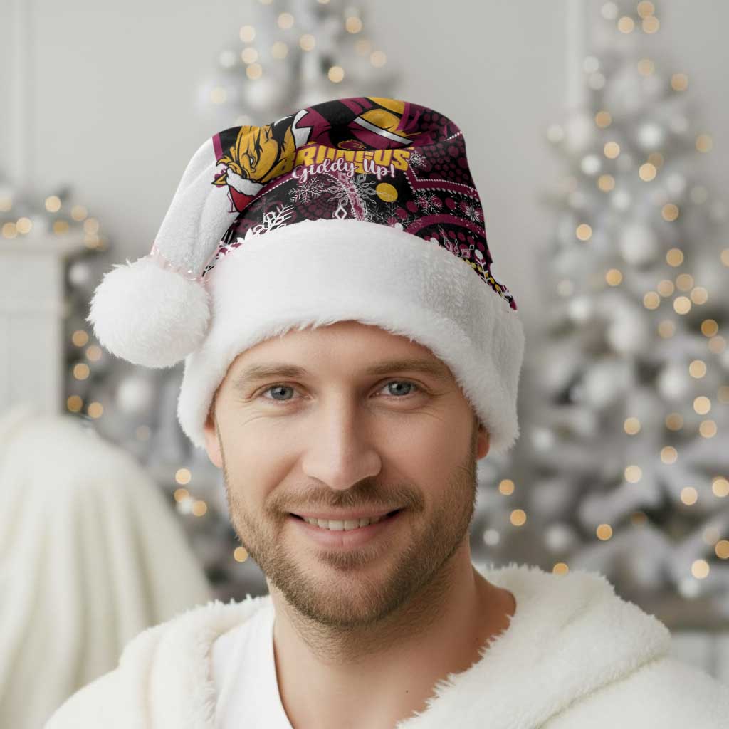 Custom Broncos Rugby Christmas Santa Hat Brisbane Giddy Up Aboriginal Art - Aussie Hoodie